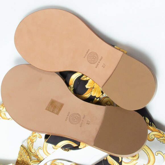 NIB Versace Medusa Ankle Wrap Silk Sash Barocco Sandals Flats Black & Gold, 37 - Picture 11 of 16